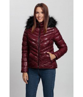 Cross Stitch Patterned Shiny Bordeaux Coat with Fur Hat - Winter Collection   