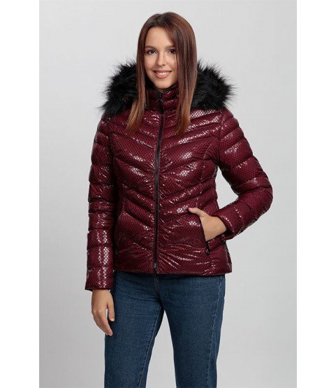 Cross Stitch Patterned Shiny Bordeaux Coat with Fur Hat - Winter Collection   