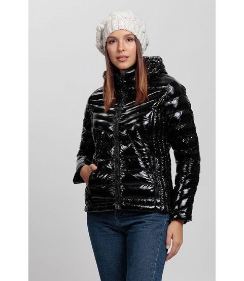 Shiny Black Coat with Hat - Winter Collection