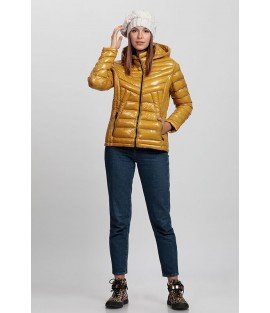 Straight Stitching Shiny Mustard Yellow Coat with Hat - Winter Collection