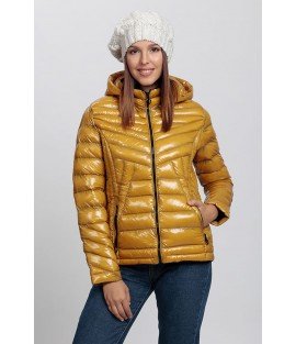 Straight Stitching Shiny Mustard Yellow Coat with Hat - Winter Collection