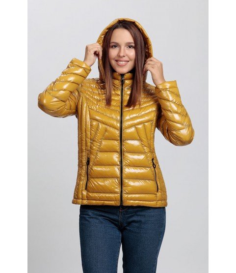 Straight Stitching Shiny Mustard Yellow Coat with Hat - Winter Collection