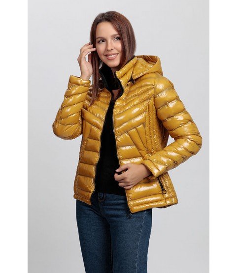 Straight Stitching Shiny Mustard Yellow Coat with Hat - Winter Collection