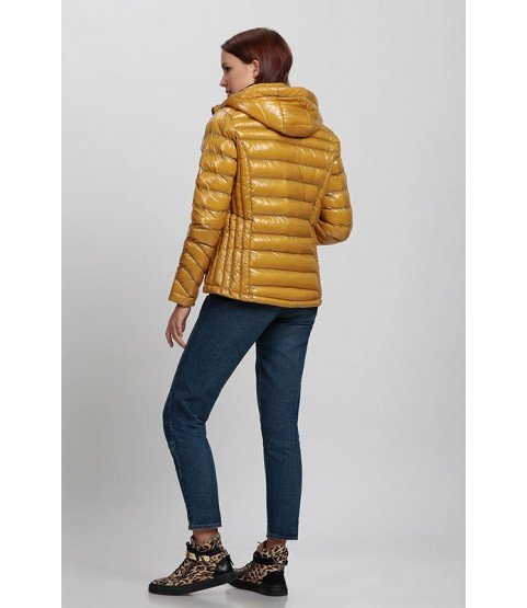 Straight Stitching Shiny Mustard Yellow Coat with Hat - Winter Collection