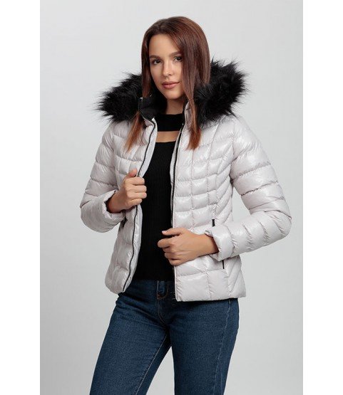 Square Stitched Shiny Off-White Coat with Fur Hat - Winter Collection