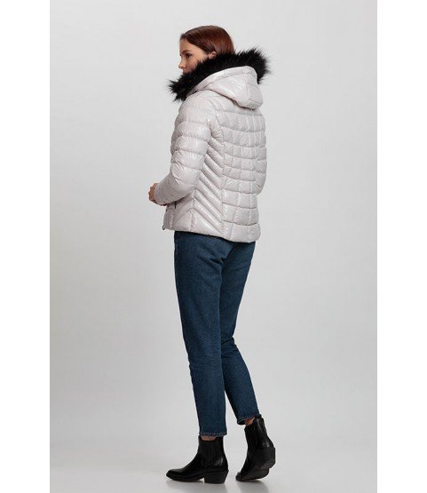 Square Stitched Shiny Off-White Coat with Fur Hat - Winter Collection