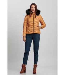 Circular Stitched Patterned Bright Orange Coat with Fur Hat - Winter Collection