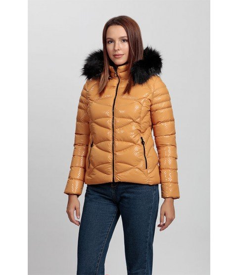 Circular Stitched Patterned Bright Orange Coat with Fur Hat - Winter Collection