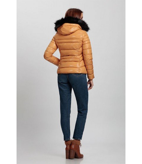 Circular Stitched Patterned Bright Orange Coat with Fur Hat - Winter Collection