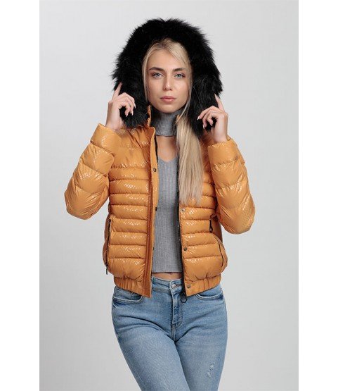 Plain Stitched Patterned Bright Orange Coat with Fur Hat - Winter Collection