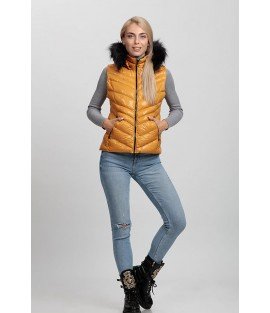 Cross Stitch Patterned Bright Orange Vest with Fur Hat - Winter Collection