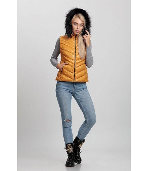 Cross Stitch Patterned Bright Orange Vest with Fur Hat - Winter Collection