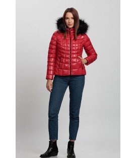 Square Stitched Bright Red Coat with Fur Hat - Winter Collection