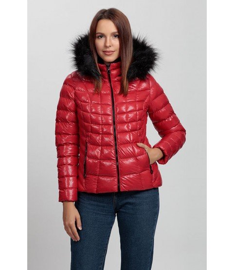 Square Stitched Bright Red Coat with Fur Hat - Winter Collection