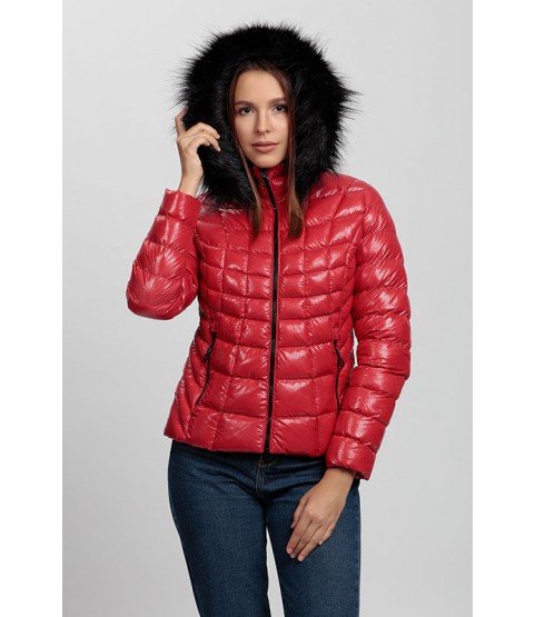 Square Stitched Bright Red Coat with Fur Hat - Winter Collection