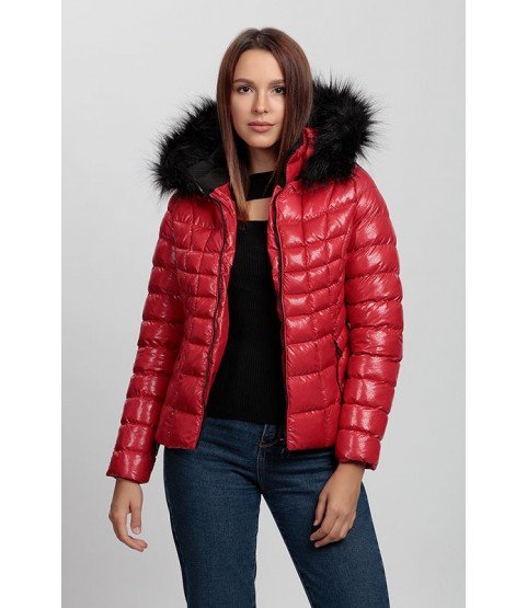 Square Stitched Bright Red Coat with Fur Hat - Winter Collection