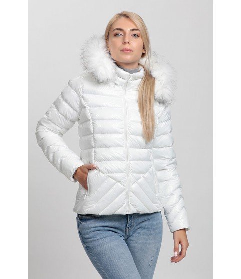 Cross Stitched Pockets Patterned Bright White Coat with Fur Hat - Winter Collection