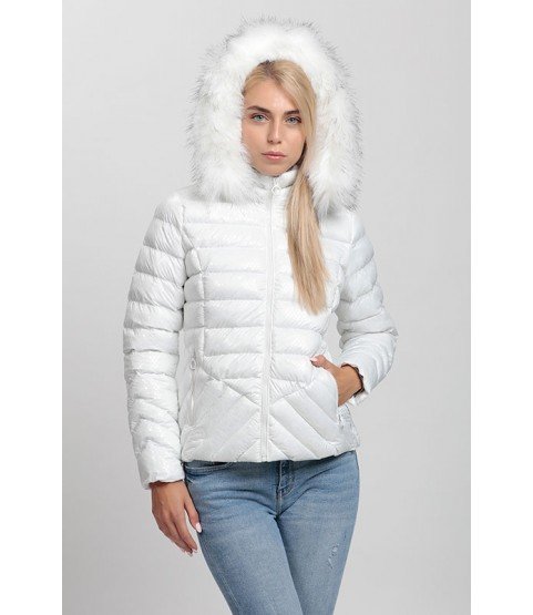 Cross Stitched Pockets Patterned Bright White Coat with Fur Hat - Winter Collection