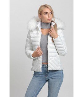 Cross Stitched Pockets Patterned Bright White Coat with Fur Hat - Winter Collection