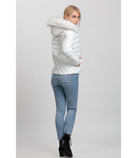 Cross Stitched Pockets Patterned Bright White Coat with Fur Hat - Winter Collection