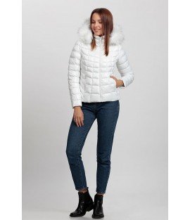 Square Stitched Bright White Coat with Fur Hat - Winter Collection