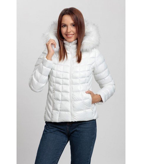 Square Stitched Bright White Coat with Fur Hat - Winter Collection