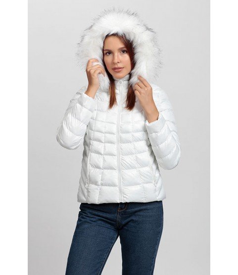 Square Stitched Bright White Coat with Fur Hat - Winter Collection