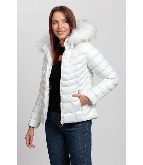 Square Stitched Bright White Coat with Fur Hat - Winter Collection