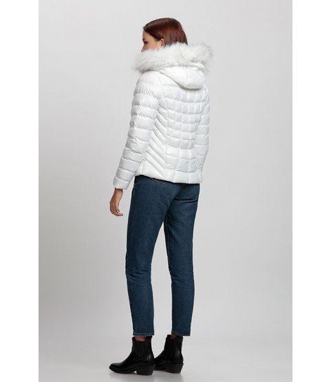 Square Stitched Bright White Coat with Fur Hat - Winter Collection