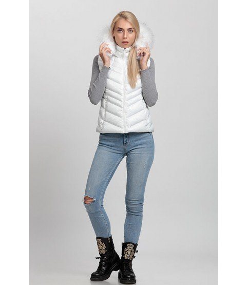 Cross Stitch Patterned Bright White Vest with Fur Hat - Winter Collection