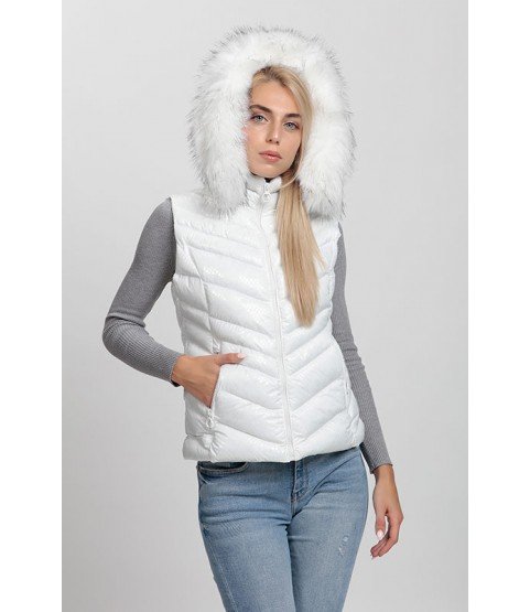 Cross Stitch Patterned Bright White Vest with Fur Hat - Winter Collection