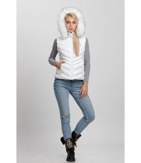 Cross Stitch Patterned Bright White Vest with Fur Hat - Winter Collection