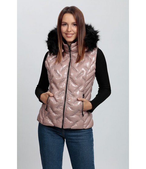 Stitched Bright Pink Short Vest with Fur Hat - Winter Collection