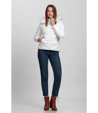 Circular Stitched Patterned Bright White Coat with Fur Hat - Winter Collection