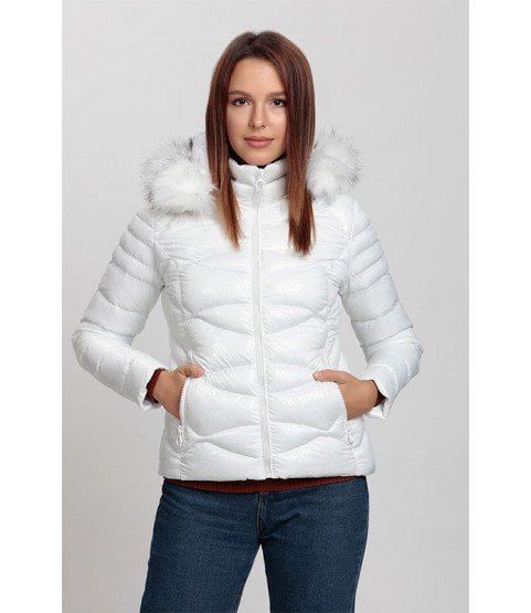 Circular Stitched Patterned Bright White Coat with Fur Hat - Winter Collection