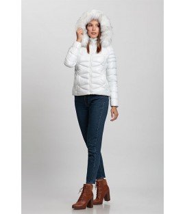 Circular Stitched Patterned Bright White Coat with Fur Hat - Winter Collection