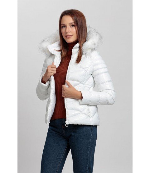 Circular Stitched Patterned Bright White Coat with Fur Hat - Winter Collection