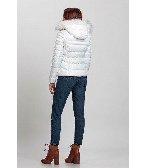 Circular Stitched Patterned Bright White Coat with Fur Hat - Winter Collection