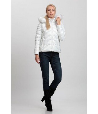 Cross Stitched Bright White Coat with Fur Hat - Winter Collection