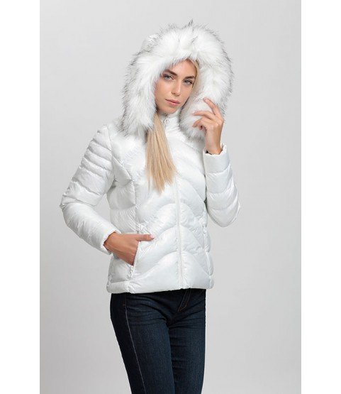 Cross Stitched Bright White Coat with Fur Hat - Winter Collection