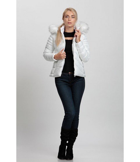 Cross Stitched Bright White Coat with Fur Hat - Winter Collection