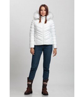 Cross Stitched Bright White Coat with Fur Hat - Winter Collection