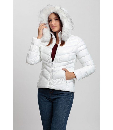 Cross Stitched Bright White Coat with Fur Hat - Winter Collection