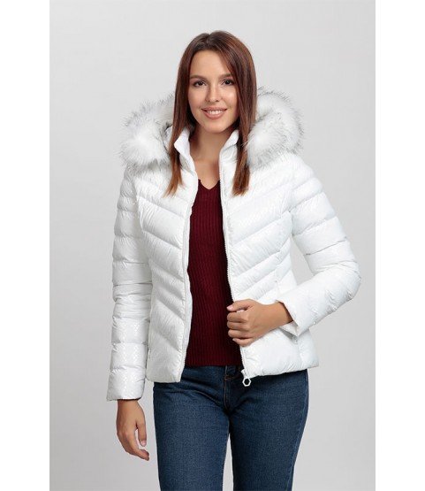 Cross Stitched Bright White Coat with Fur Hat - Winter Collection