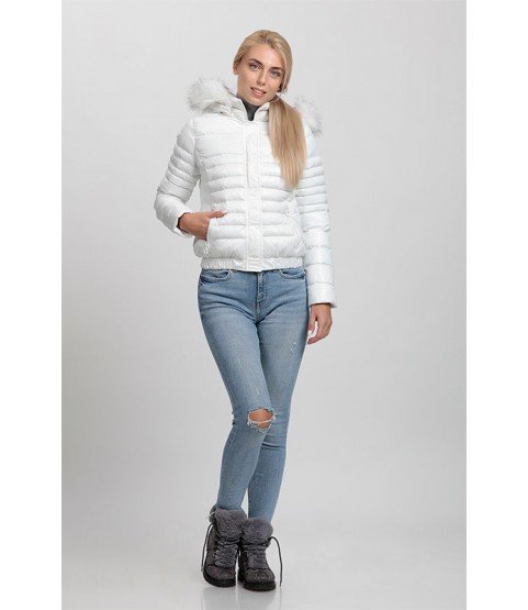 Plain Stitched Patterned Bright White Coat with Fur Hat - Winter Collection