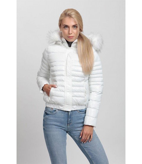 Plain Stitched Patterned Bright White Coat with Fur Hat - Winter Collection