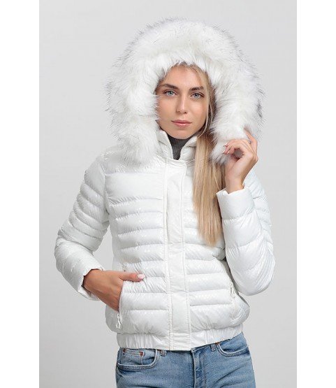 Plain Stitched Patterned Bright White Coat with Fur Hat - Winter Collection