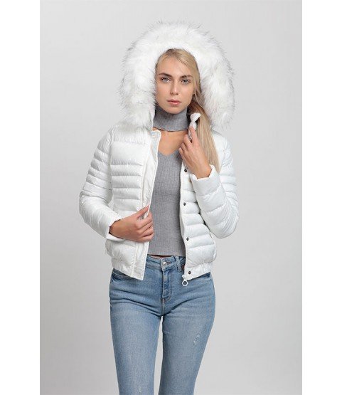 Plain Stitched Patterned Bright White Coat with Fur Hat - Winter Collection