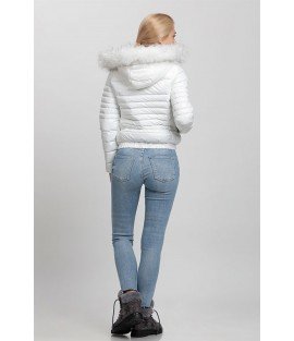 Plain Stitched Patterned Bright White Coat with Fur Hat - Winter Collection