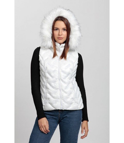 Stitched Bright White Vest with Fur Hat - Winter Collection